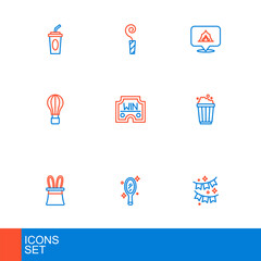 Set line Carnival garland with flags, Magic hand mirror, Magician hat rabbit ears, Popcorn in cardboard box, Hot air balloon, Casino win, Circus tent and Birthday party horn icon. Vector