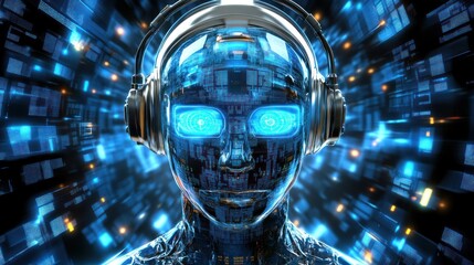 Ai robot listening to music with headphones