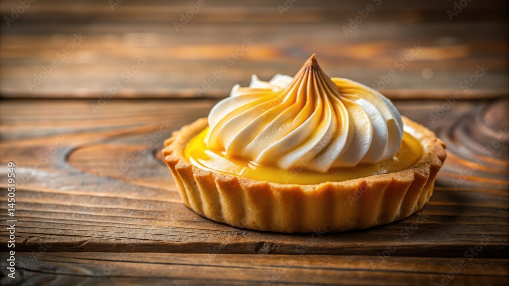 Poster A single lemon tart with a swirl of meringue, resting on a rustic wooden surface. The golden crust and creamy filling are illuminated by a warm light, creating a tempting and delectable image.