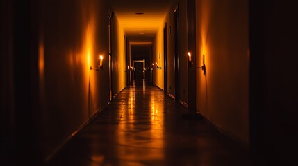 Long corridor illuminated by flickering candlelight.