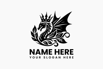 Royal dragon head logo in vector format featuring crown and blooming floral elements, stylized mythical emblem on white background for fantasy-themed branding 