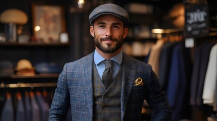 Fototapeta premium Smiling man wearing a stylish suit and cap stands in a clothing boutique, ready for a shopping experience.