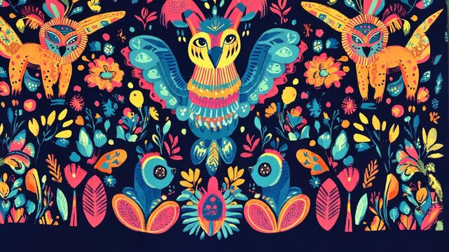 Vibrant owl and butterfly motif animation with dynamic colorful pattern transition