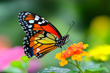 Naklejka premium Close-up of a vibrant monarch butterfly with open wings, perched on an orange flower in a garden, showcasing detailed patterns and natural beauty.