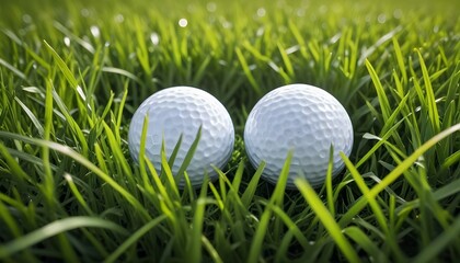 Fototapeta premium Two golf balls embedded in the vibrant green grass, ready for a game on a sunny day.