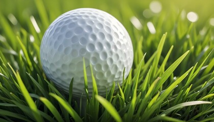 A pristine white golf ball sits nestled amidst vibrant, green blades of grass, capturing its beauty.