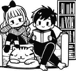 Cozy Scene of Teen Boy and Girl Reading Together with a Sleepy Cat in the Room