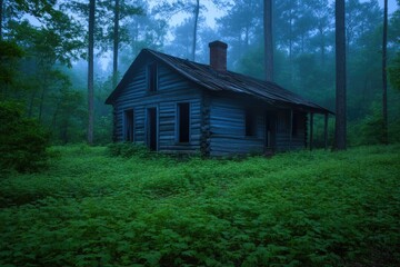 Obraz premium Abandoned cabin nestled in a misty forest. Weathered wooden structure surrounded by dense greenery, shrouded in the stillness of the early morning