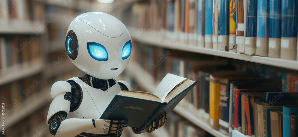 Poster robot reading book in library showcasing advanced ai technology and learning capabilities.