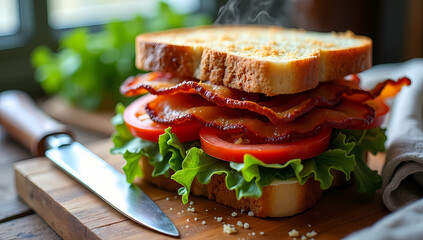 Delicious BLT Sandwich with Crispy Bacon, Lettuce & Tomato on Sliced Bread - Closeup of Fresh Ingredients & Homemade Meal
