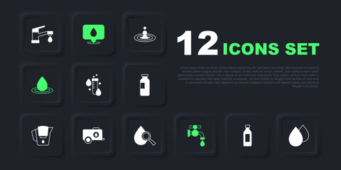 Set Bottle of water, Water drop, Test tube with, tap, Mobile tank, location and Drop and magnifying glass icon. Vector