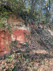 Red ochre wall in a natural setting, showcasing earthy tones and rugged texture, surrounded by nature