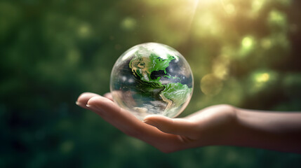 A hand holding a globe with a green and blue planet Earth inside, against a blurred green background with bokeh effects.