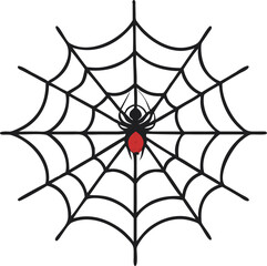 Fototapeta premium A detailed symmetrical spiderweb glistening with dew, hanging between autumn branches