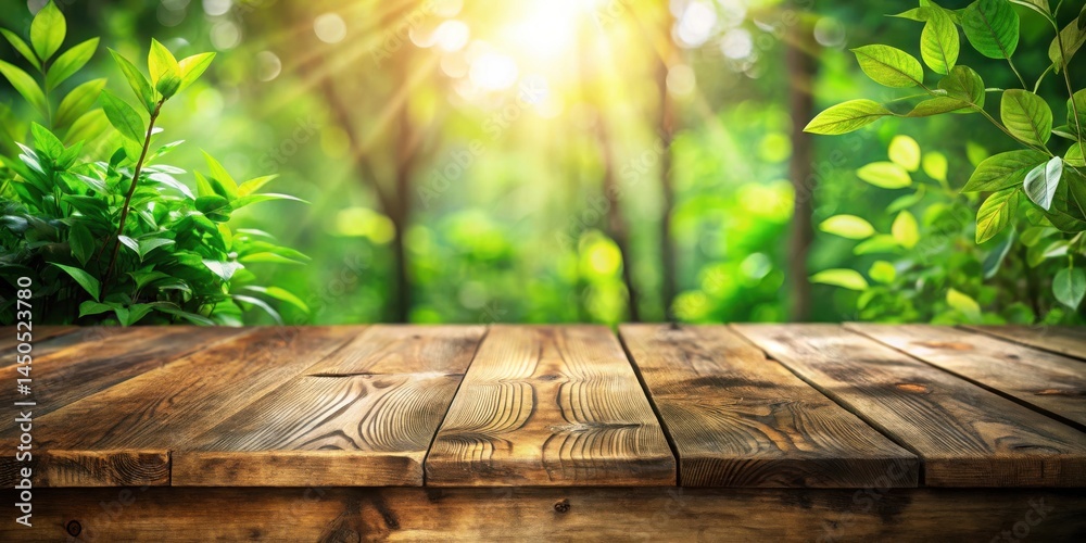 Poster Rustic Wooden Tabletop Set Against a Lush Green Forest Background with Sunbeams Filtering Through the Canopy