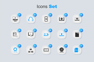 Set Web camera, Online book, Headphones, education with diploma, Exam sheet A plus grade, Book, play video and quiz, test, survey icon. Vector