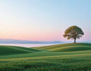 Obraz premium Solitary Tree on Rolling Green Hills at Dawn