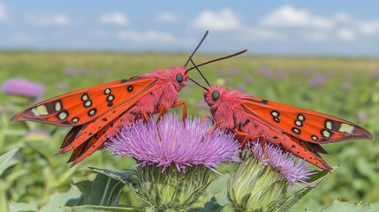 Red moths mating, field wildflowers, sunny day