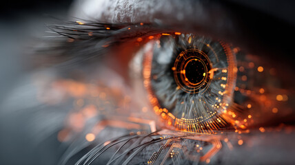 Cybernetic eye with orange circuits — a detailed and modern 3D-style concept ideal for tech visuals, infographics, marketing materials, and futuristic digital presentations.