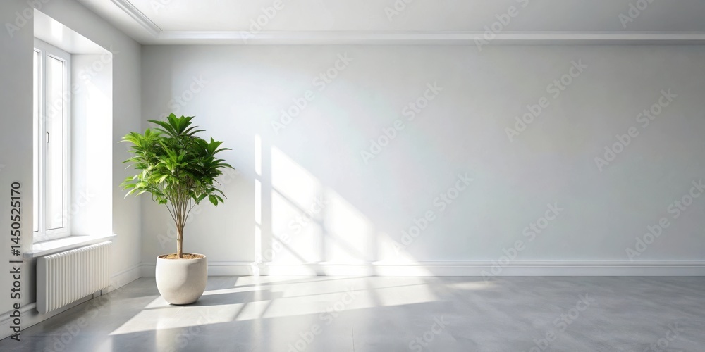 Poster a minimalist room with a single window and a potted plant casting a shadow on the floor