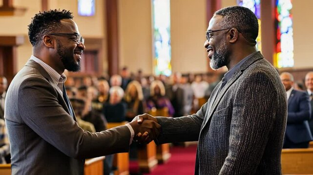 Two well-dressed African American men shaking hands inside a church.