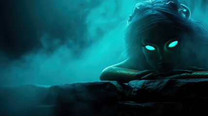 Dark mystical figure with glowing eyes &mdash; a detailed and modern 3D-style concept ideal for tech visuals, infographics, marketing materials, and futuristic digital presentations.