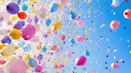 Colorful balloons and confetti on blue sky background