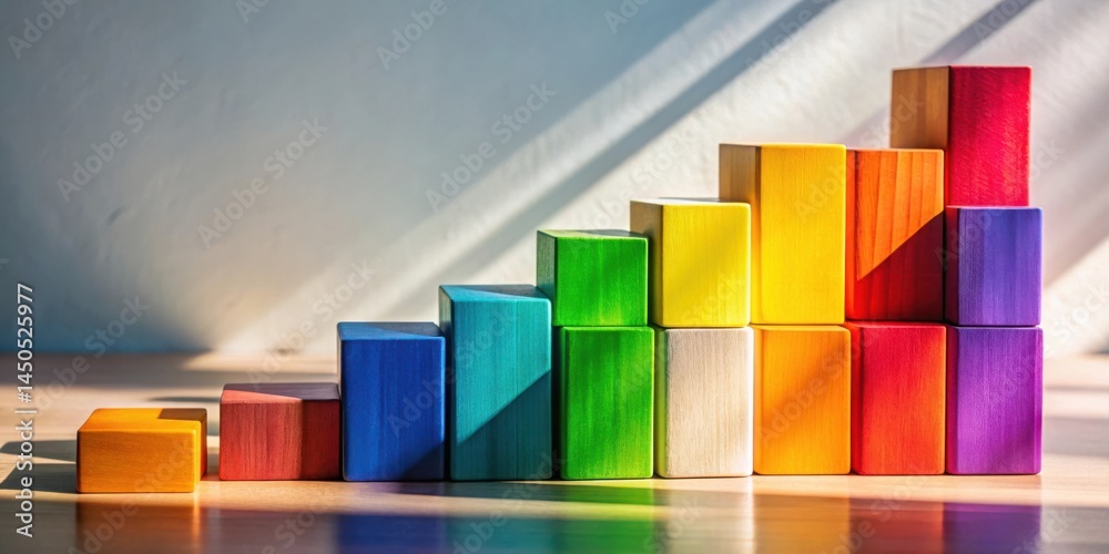 Poster A Colorful Wooden Block Staircase Illuminated by Sunlight, Creating a Playful and Imaginative Visual Representation of Growth and Success