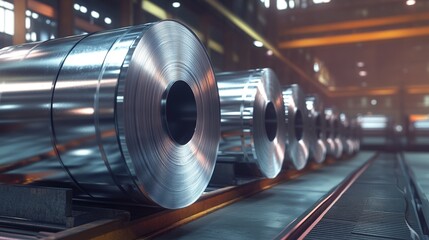 Fototapeta premium Steel Coils Galvanized in a Factory Storage Hall With Advanced Lighting Highlighting Industrial Manufacturing and Metalworking Processes