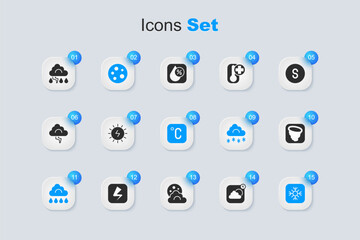 Set Weather forecast app, Solar energy panel, Moon, Cloud with rain, Snowflake, Tornado, and lightning and Celsius icon. Vector
