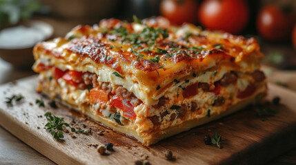 A golden-brown lasagna, layered with pasta, meat sauce, and cheese, is served on a wooden cutting board