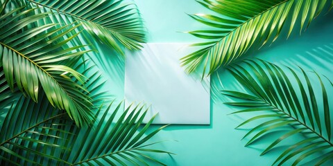 Tropical Palm Leaves on a Mint Green Background with a Blank Square in the Center