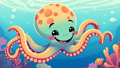 Obraz premium Smiling cartoon octopus swimming underwater, vibrant colors, flat style illustration, vector, colorful