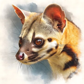 A striking portrait showcases a vividly colored African linsang, its intense gaze and detailed fur texture beautifully rendered in a digital painting