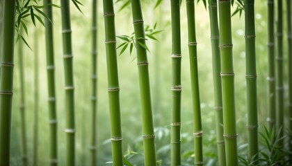 Fototapeta premium Close-up of a vibrant bamboo forest with lush greenery, creating a tranquil scene.