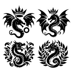 Stylized dragon wearing a crown surrounded by flowers in vector logo design, majestic mythical creature illustration isolated on white background for fantasy and branding use