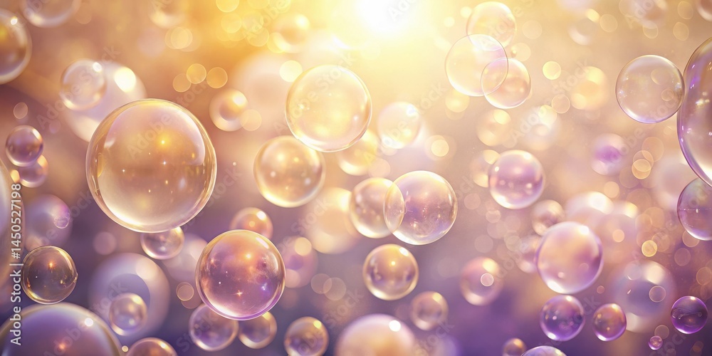 Fototapete A vibrant array of iridescent soap bubbles float through the air, bathed in the warm glow of a setting sun, their delicate spheres reflecting the fading light.