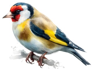 Naklejka premium A vibrant goldfinch perched on a branch is depicted in a detailed watercolor painting showcasing its striking plumage and intricate details.