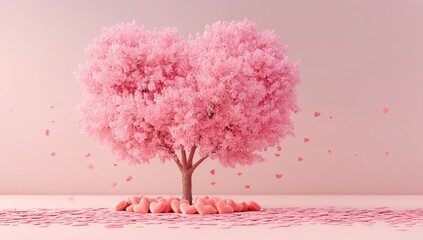 Obraz premium Dreamy Heart Tree, Spreading Love with Romantic Pink Blossoms and Heart Confetti for Sweet Sentiments.