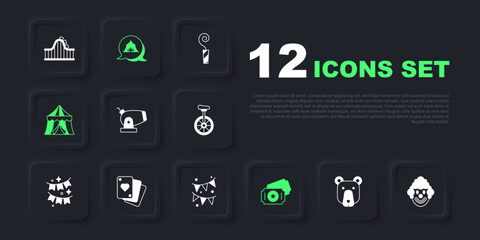 Set Bear head, Clown, Cannon, Circus ticket, tent, Playing cards, and Carnival garland with flags icon. Vector © Iryna