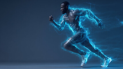 Naklejka premium Digital Runner with Futuristic Lightning Streaks — a detailed and modern 3D-style concept ideal for tech visuals, infographics, marketing materials, and futuristic digital presentations.