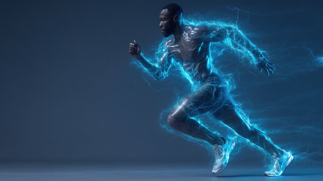 Digital Runner with Futuristic Lightning Streaks — a detailed and modern 3D-style concept ideal for tech visuals, infographics, marketing materials, and futuristic digital presentations.