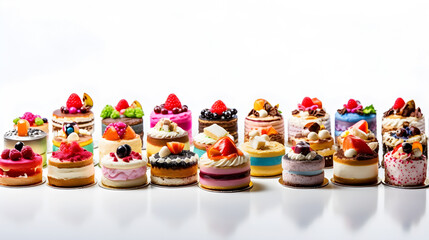 Obraz premium A colorful assortment of miniature cakes and pastries arranged in a row on a white background.