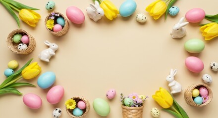 Easter eggs tulips and bunnies arranged on a beige background with copy space.