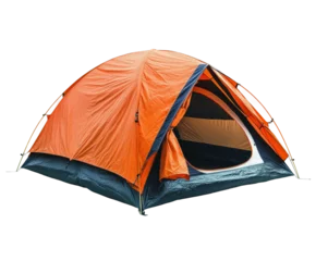 Poster Kamperen Camping adventure tent setup recreation camping gear nature ground level isolated on transparent background  © Luminara
