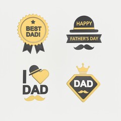 Set of 3D Father's Day badges with text frames and decorations. Logo, Emblem, Badge, Sticker, Label Set. 3D rendering on white background.