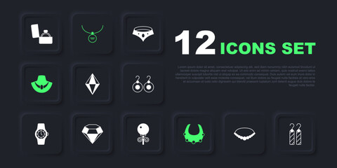 Set Pearl necklace, Earrings, Gem stone, Necklace, mannequin, Diamond, Locket and Stud earrings icon. Vector