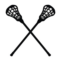 Black silhouette of two crossed lacrosse sticks isolated on a white background