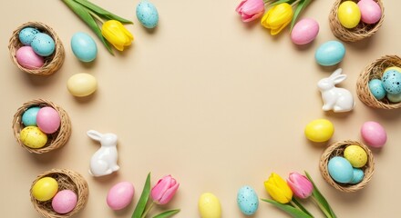 Obraz premium Easter eggs and tulips arranged in a circle on a beige background.