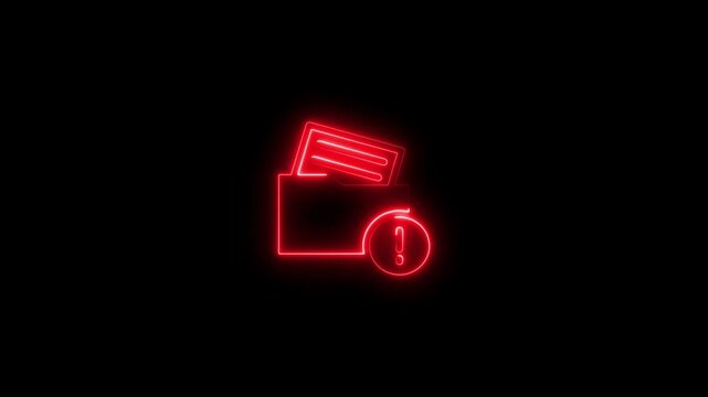 Glowing red neon file folder warning symbol on black background animation